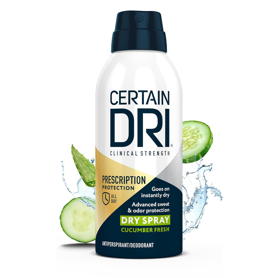 Certain Dri Prescription Strength Clinical Antiperspirant Dry Spray  72Hr Sweat & Odor Protection, Cucumber Fresh Scent, 25% Aluminum Chlorohydrate  Hyperhidrosis Treatment For Men & Women, (4.2Oz)