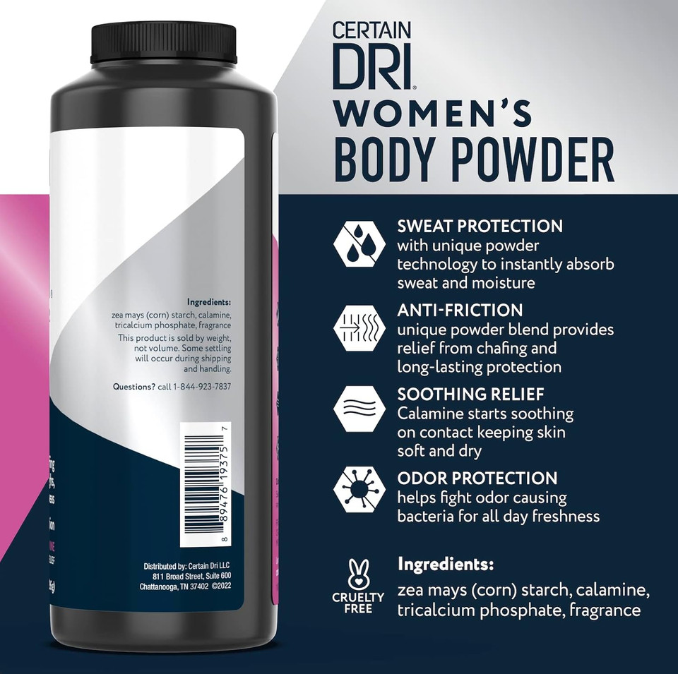 Certain Dri WomenS Body Powder - Talc-Free, Triple-Action Sweat, Odor, & Moisture Control - Anti-Chafing Calamine Formula - Doctor-Recommended For Sensitive Skin - 8 Oz
