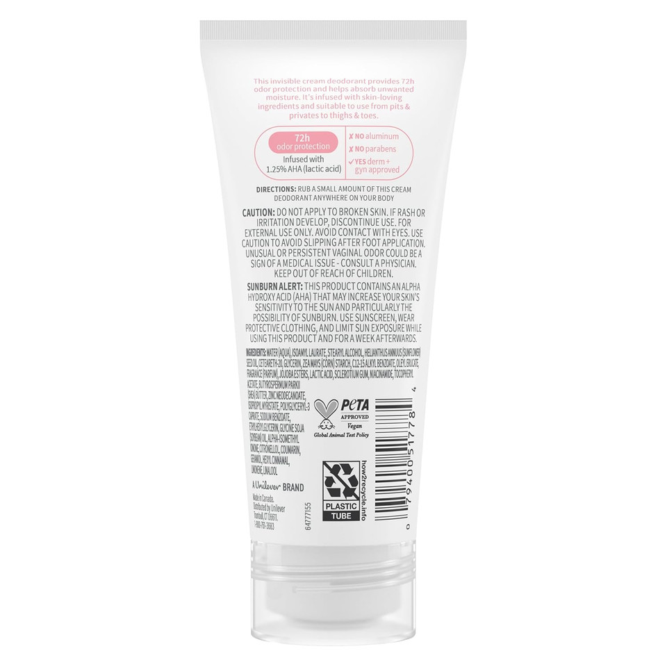 Dove Whole Body Deodorant Aluminum Free Ph Balancing Cream Raspberry & Rose For 72H Odor Control 2.5 Oz
