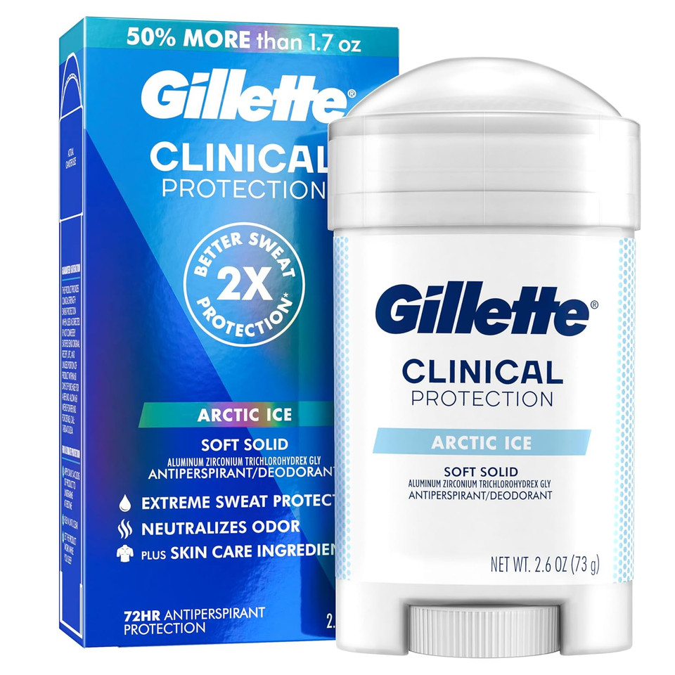 Gillette Clinical Antiperspirant And Deodorant For Men, 72Hr Sweat & Odor Protection, Long Lasting Freshness, Anti-White Mark Technology, Soft Solid, Arctic Ice Scent, 2.6 Oz