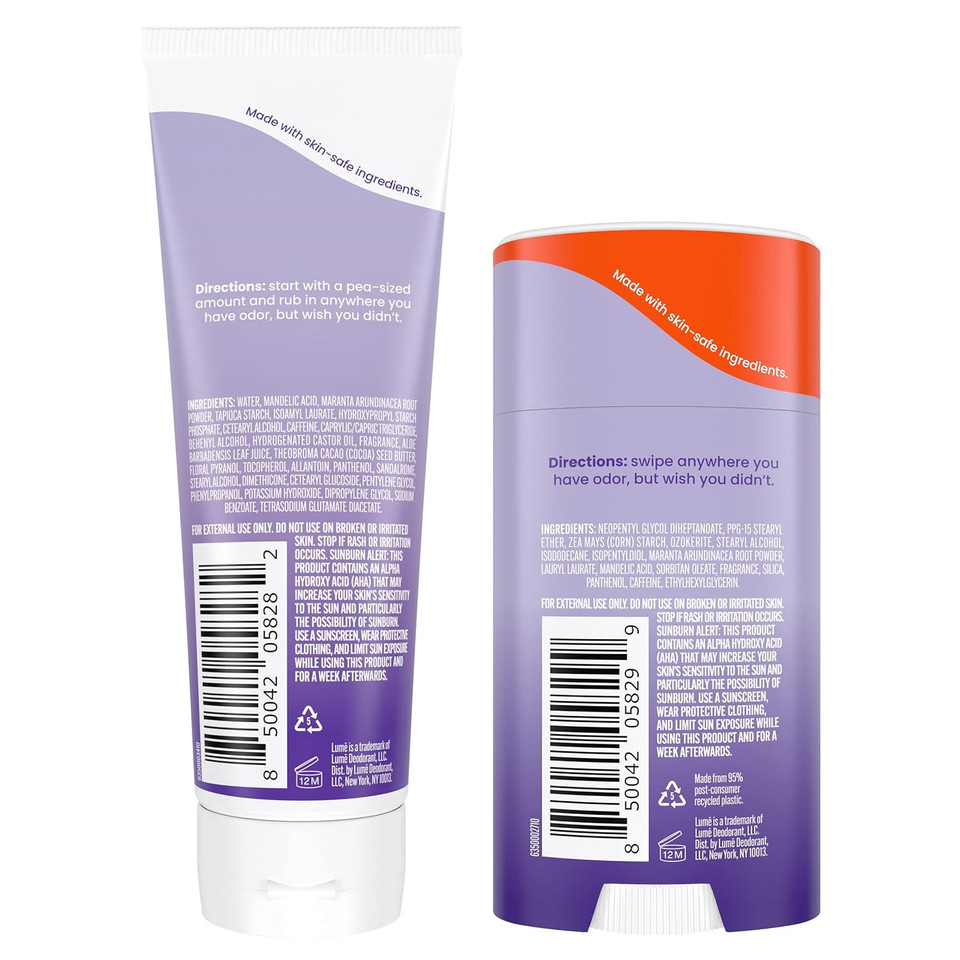 Lume Whole Body Deodorant - Invisible Cream And Solid Unscented - 72 Hour Odor Control - Aluminum & Baking Soda Free, Skin Safe - 3 Oz Cream & 2.6 Oz Solid Bundle
