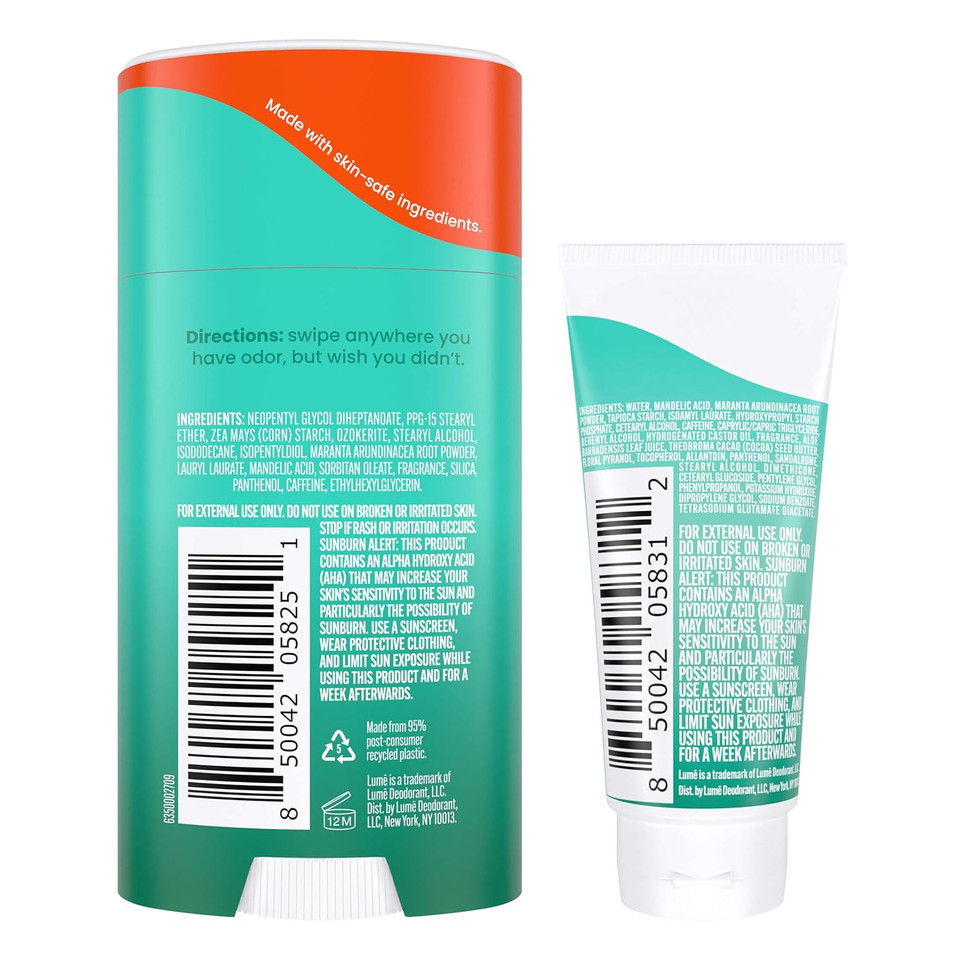 Lume Whole Body Deodorant - Invisible Cream Tube Mini And Solid Stick - 72 Hour Odor Control - Aluminum Free, Baking Soda Free, Skin Safe - 0.5 Oz Mini Tube + 2.6 Oz Solid Stick (Minted Cucumber)