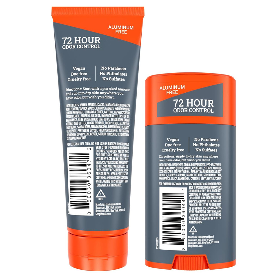 Mando Whole Body Deodorant - Invisible Cream And Solid Formulas - 72 Hour Odor Control - Aluminum & Baking Soda Free - Skin Safe - 3 Oz Cream & 2.6 Oz Solid Bundle - Pro Sport