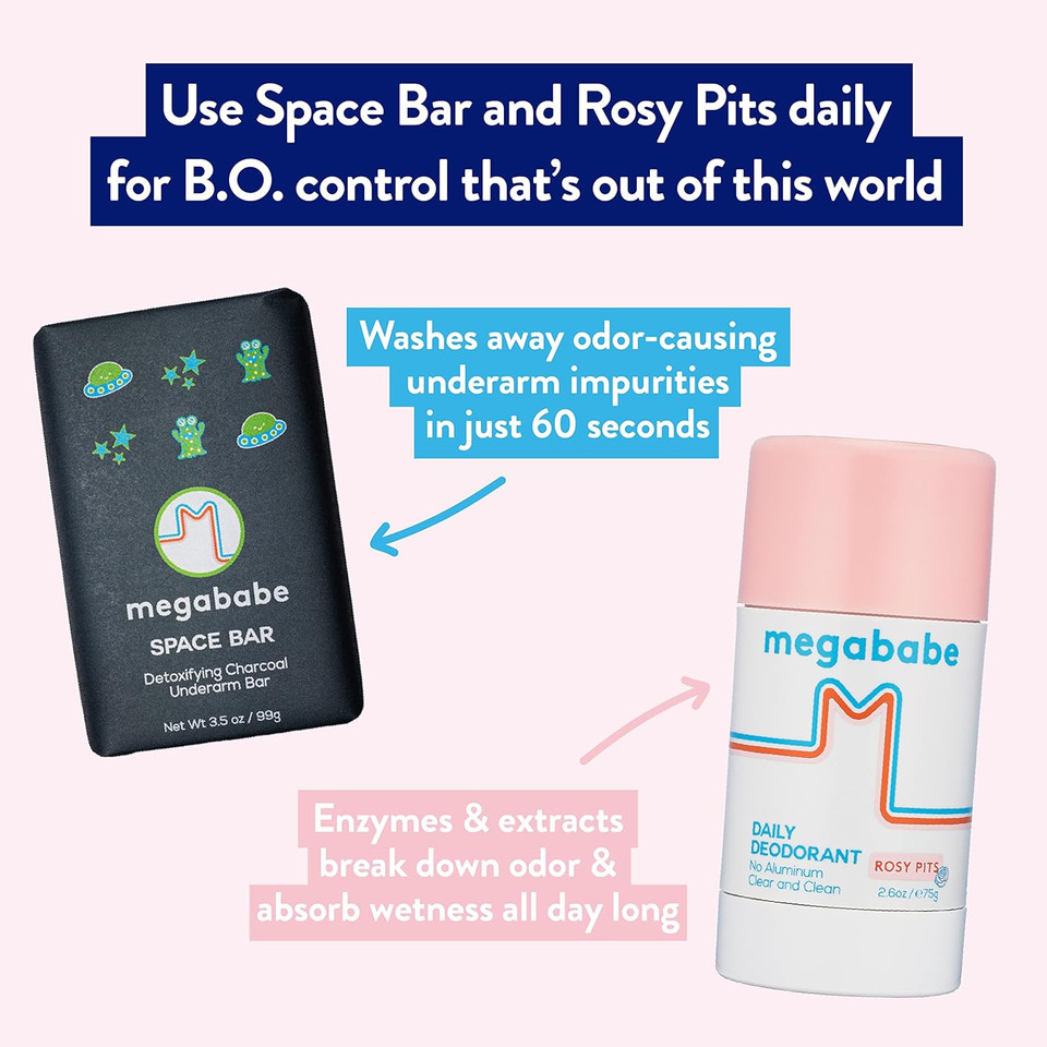 Megababe Underarm 2-Piece Bundle - Rosy Pits Daily Deodorant 2.6 Oz & Space Bar Detox Soap 3.5 Oz | Odor Protection, Aluminum Free