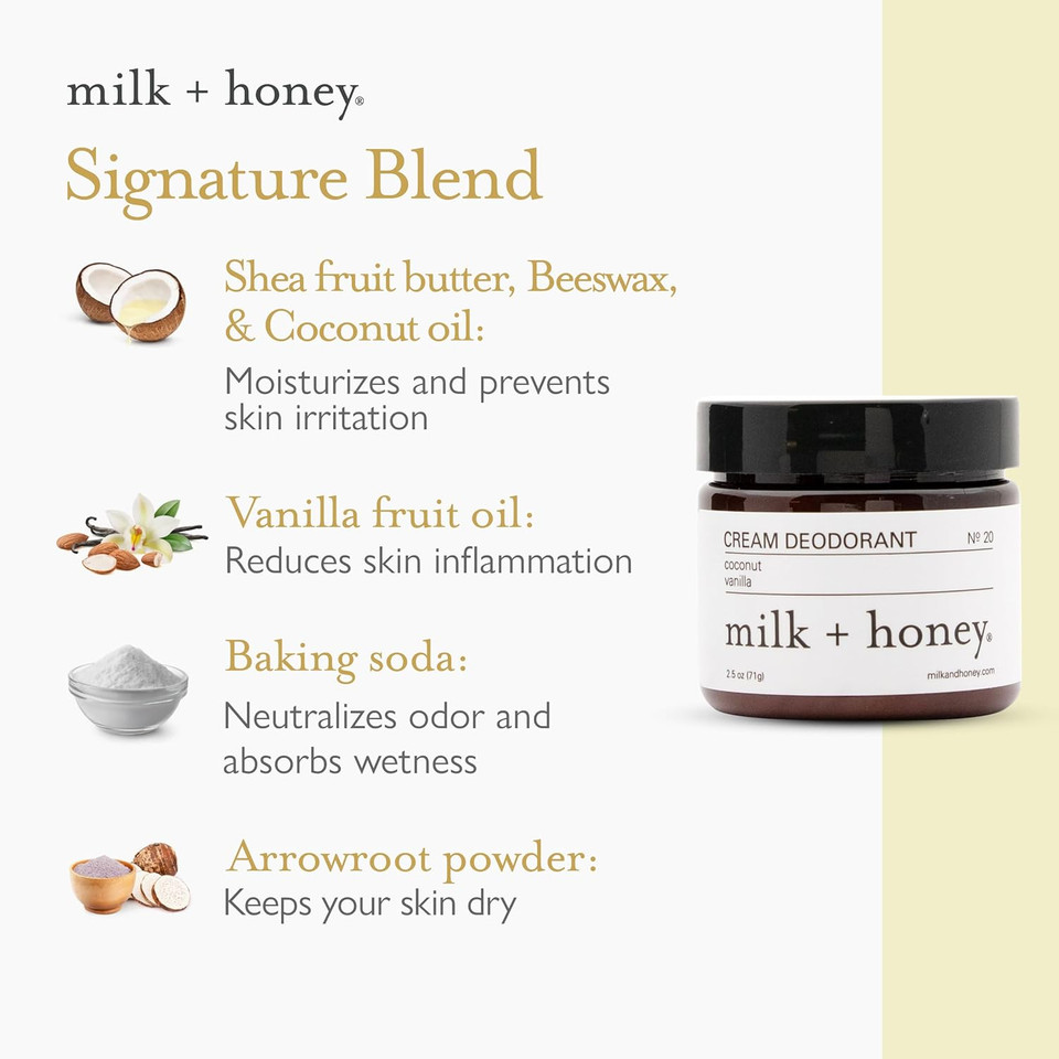 Milk + Honey Cream Deodorant No. 20, Aluminum Free Deodorant With Coconut And Vanilla, Natural For Men And Women, For All Skin Types, 2.5 Oz