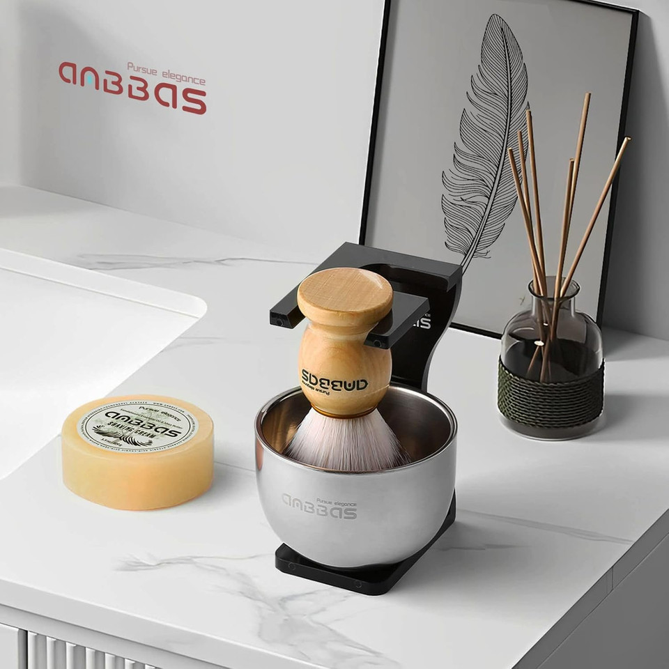 Anbbas Faux Badger Shaving Brush With 3.5 Oz Goat Milk Shaving Soap And Bowl Stainless Steel,Black Acrylic Shaving Stand Holer For De Razor Men Shave Kit