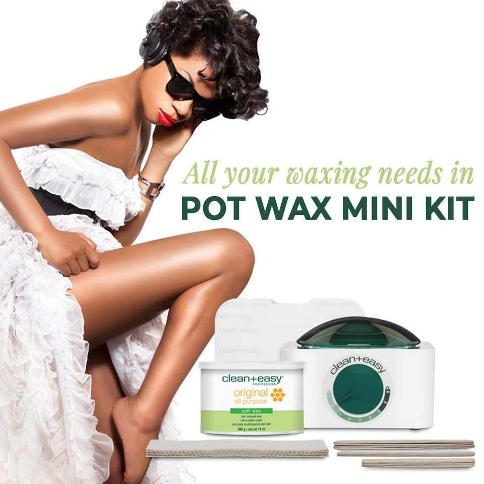 Clean + Easy Mini Pot Waxing Kit  All-Purpose Hair Removal Wax, Includes Soft Wax For Body & Facial Hair, Warmer, Muslin Strips & Sticks, 120 V