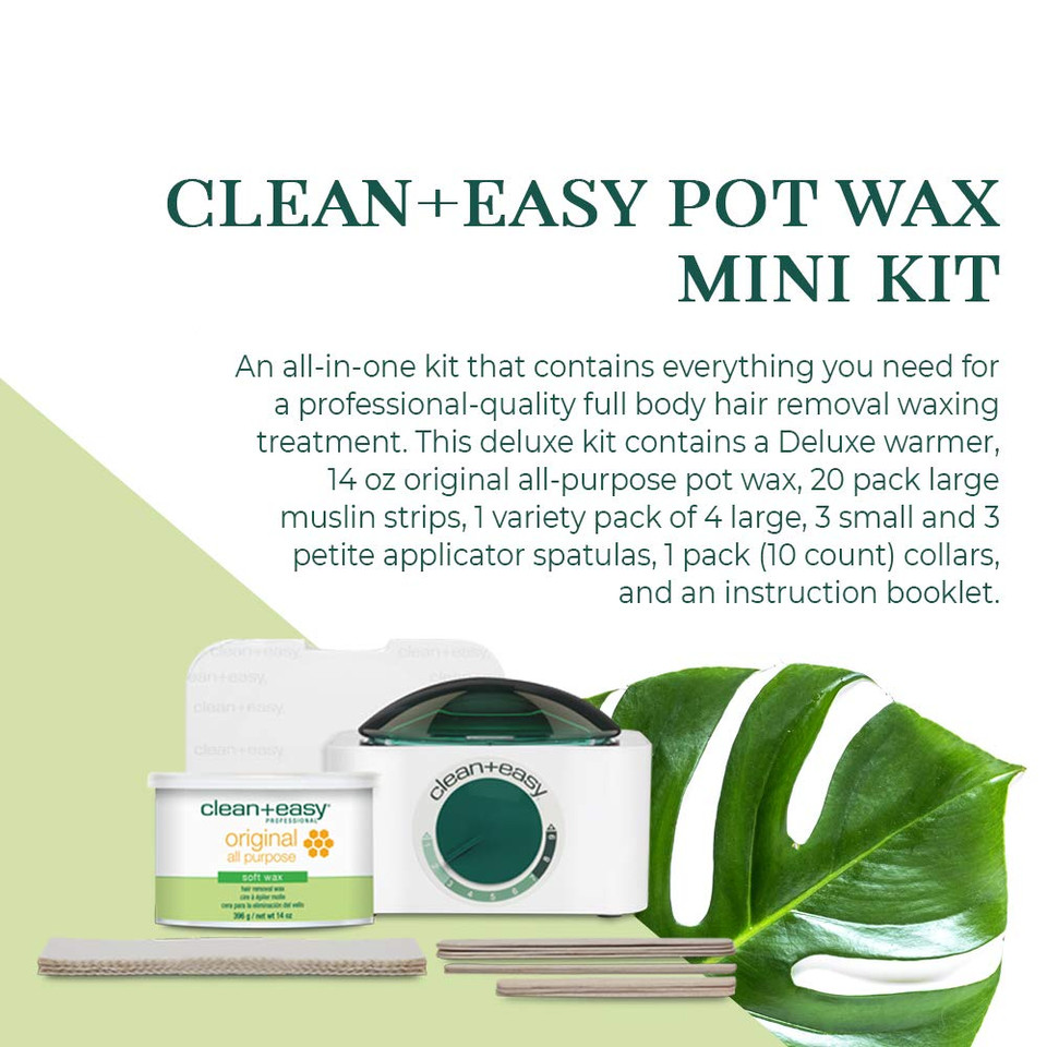 Clean + Easy Mini Pot Waxing Kit  All-Purpose Hair Removal Wax, Includes Soft Wax For Body & Facial Hair, Warmer, Muslin Strips & Sticks, 120 V