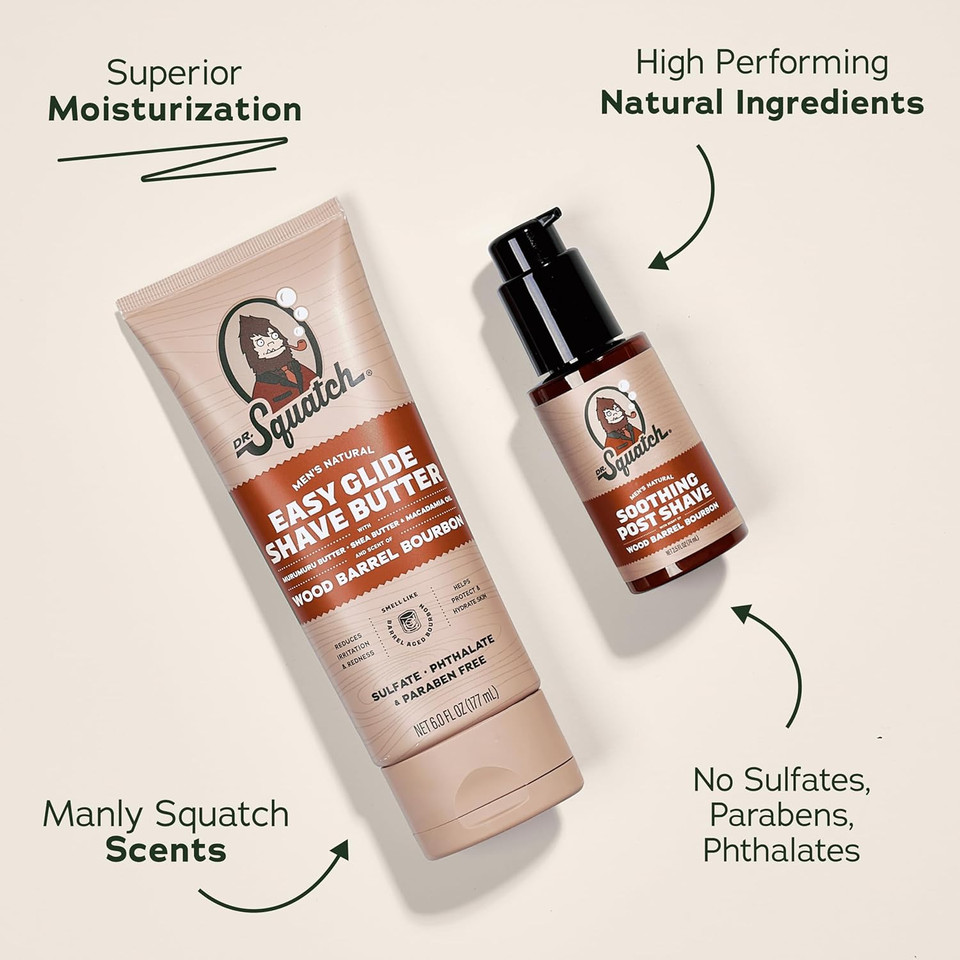 Dr. Squatch Wood Barrel Bourbon Smooth Shave Bundle - Easy Glide Butter + Soothing Post Shave - Natural Ingredients - Manly Fragrance - Moisturizing