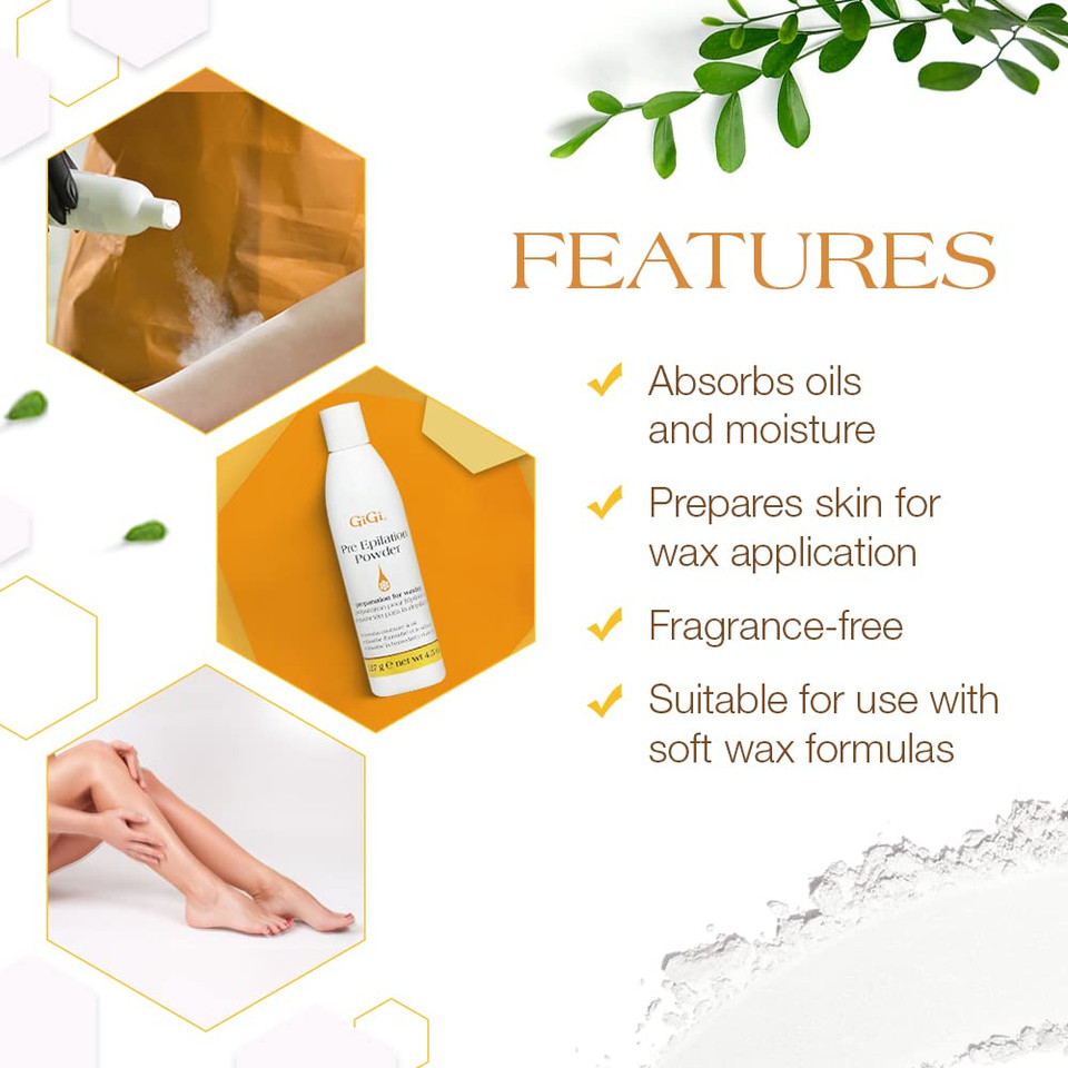 Gigi Pre-Epilation Waxing Powder For Hair Removal, Moisture-Absorbing Pre Wax Powder, 4.5 Oz