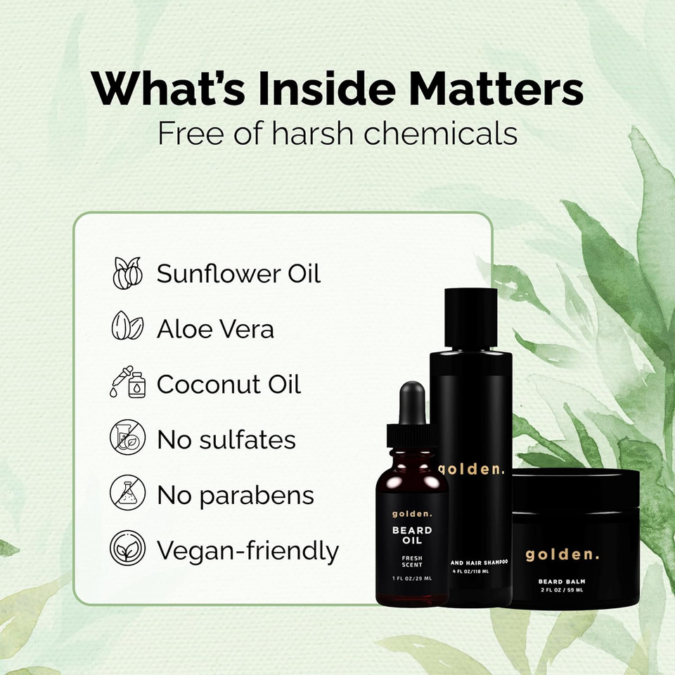 Golden Grooming Co. Everyday Beard Bundle  Complete Beard Care Set | Includes Beard Oil, Balm & Shampoo (Xl, Spicy Grove)