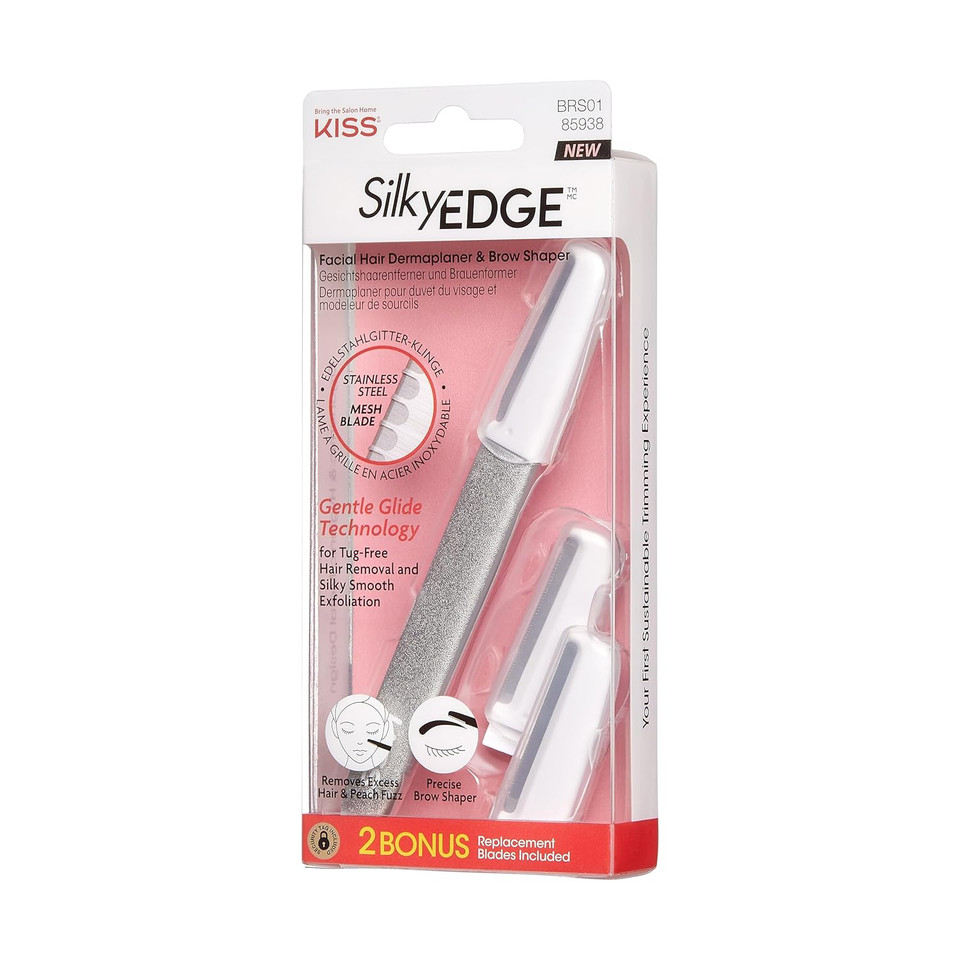 Kiss Silkyedge Facial Hair Dermaplaner & Precise Brow Shaper, Stainless Steel Mesh Blade, Gentle Glide Technology, Tug-Free Hair Removal & Silky Smooth Exfoliation, Includes 2 Replacement Blades