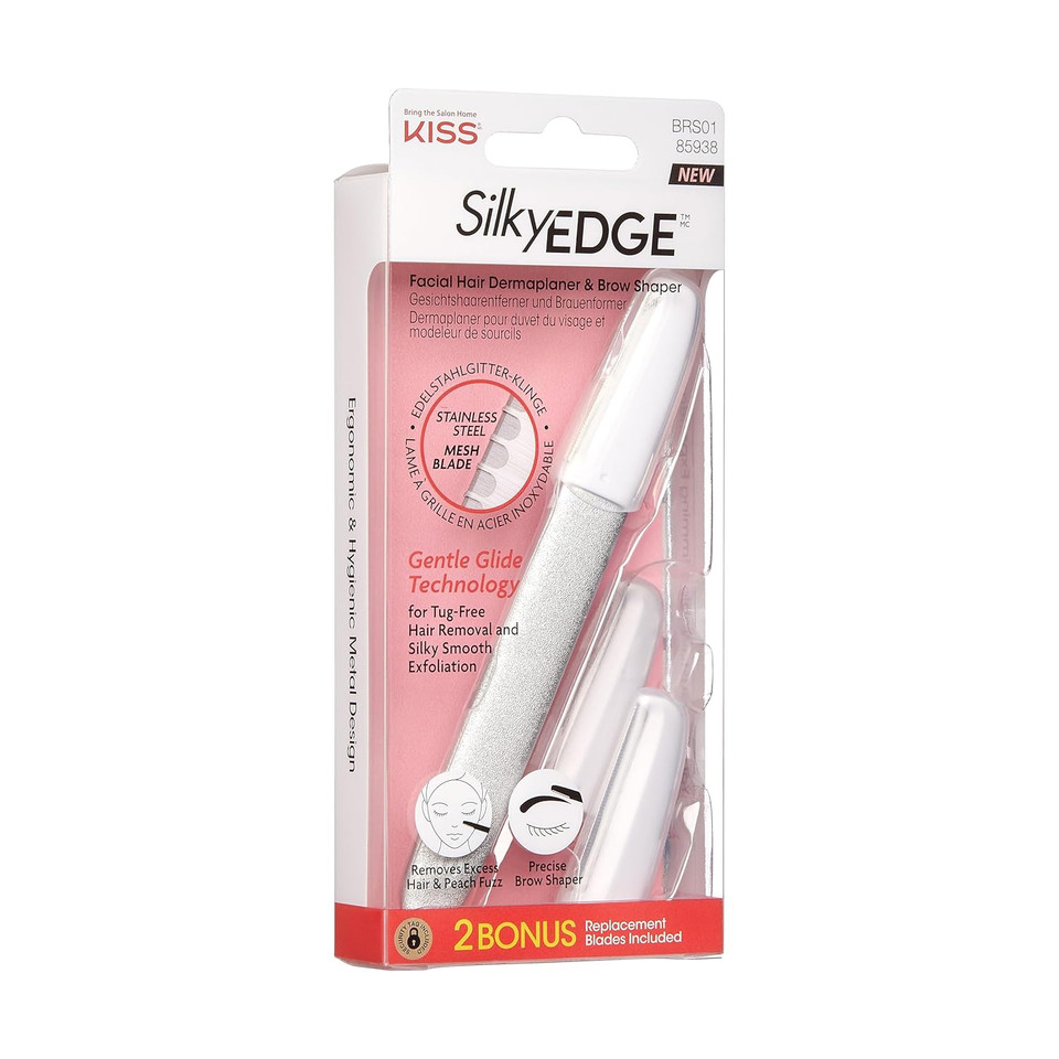 Kiss Silkyedge Facial Hair Dermaplaner & Precise Brow Shaper, Stainless Steel Mesh Blade, Gentle Glide Technology, Tug-Free Hair Removal & Silky Smooth Exfoliation, Includes 2 Replacement Blades