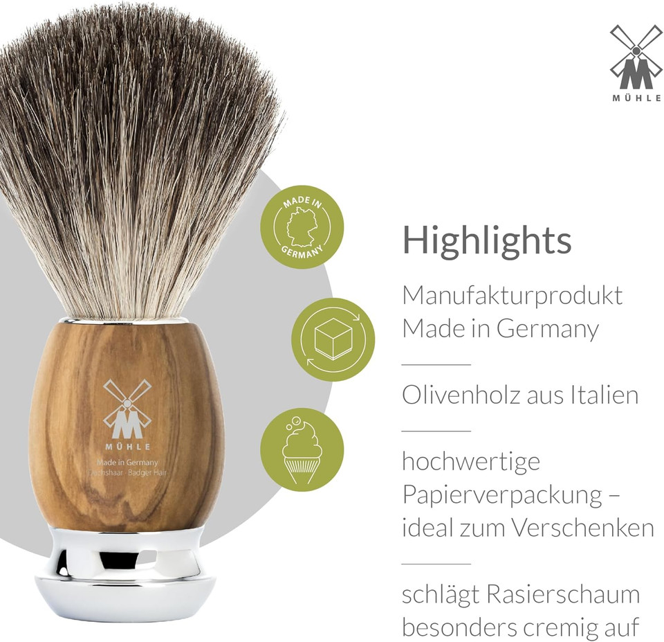 Mühle Vivo Olive Wood 3-Piece Pure Badger 5-Blade Razor Shaving Set