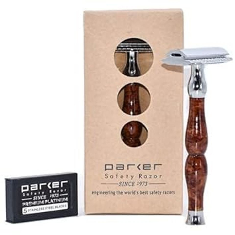 Parker, 45R Heavyweight Double Edge Safety Razor  3 Piece Design With 4 Inch Handle - Solid Brass Frame For Durability 5 Parker Double Edge Razor Blades Included