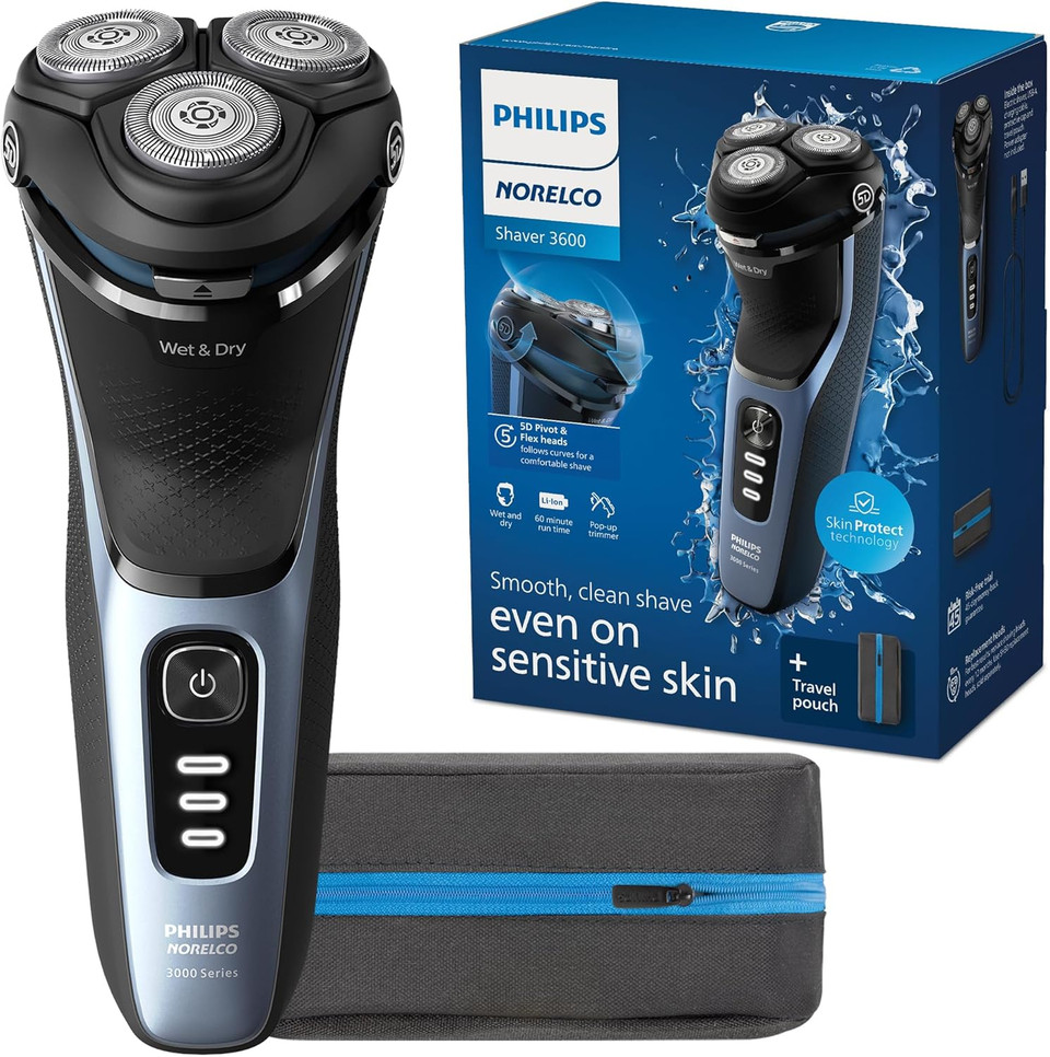 Philips Norelco Shaver 3600 Series, Wet And Dry Electric Shaver, P-Cap, Travel Pouch, Storm Blue, Model S3243/91 Philips Norelco Shaver 3600 Series, Wet And Dry Electric Shaver, P-Cap, Travel Pouch, Storm Blue, Model S3243/91