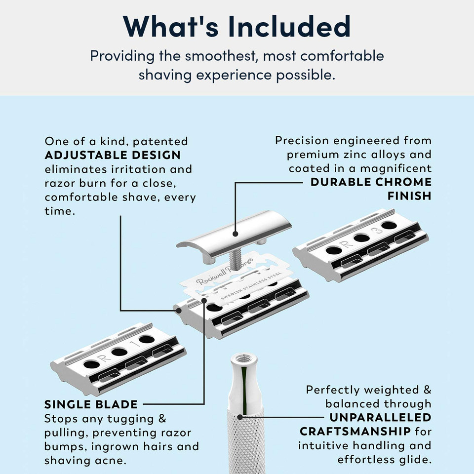 Rockwell Razors 6C Gunmetal Chrome Double-Edge Safety Razor With 6 Adjustable Shave Settings And 25 Blades Rockwell Razors 6C Gunmetal Chrome Double-Edge Safety Razor With 6 Adjustable Shave Settings And 25 Blades