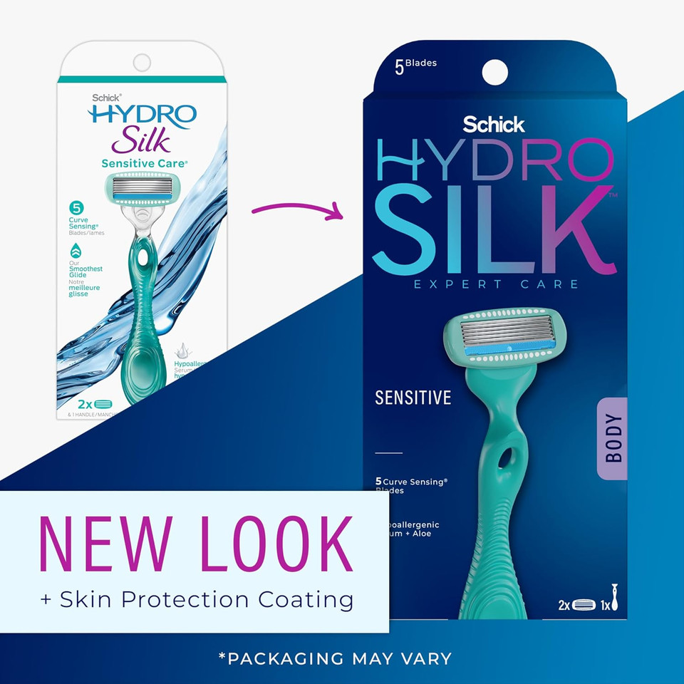 Schick Hydro Silk Sensitive Women'S Razor | 5-Blade Razors For Women Sensitive Skin | Womens Razors Sensitive Skin | 1 Handle & 2 Razor Blade Refills