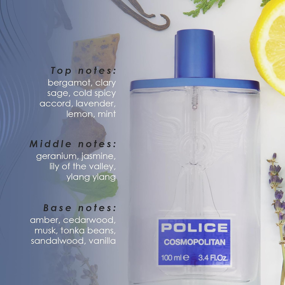 Cosmopolitan By Police - Fragrance For Men - Top Notes Of Mint And Sage - Middle Notes Of Jasmine And Nutmeg - Base Notes Of Vanilla And Sandalwood - Ideal For Socialite Occasions - 3.4 Oz Edt Spray