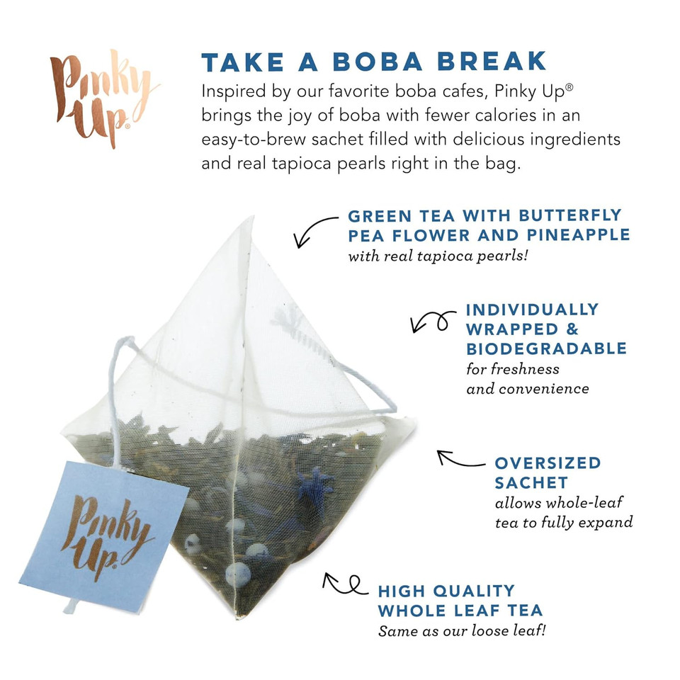 Pinky Up Butterfly Boba Tea Sachets - Low Calorie Whole Leaf Green Tea Bubble Tea - Boba Gift 12 Biodegradable Tea Bags