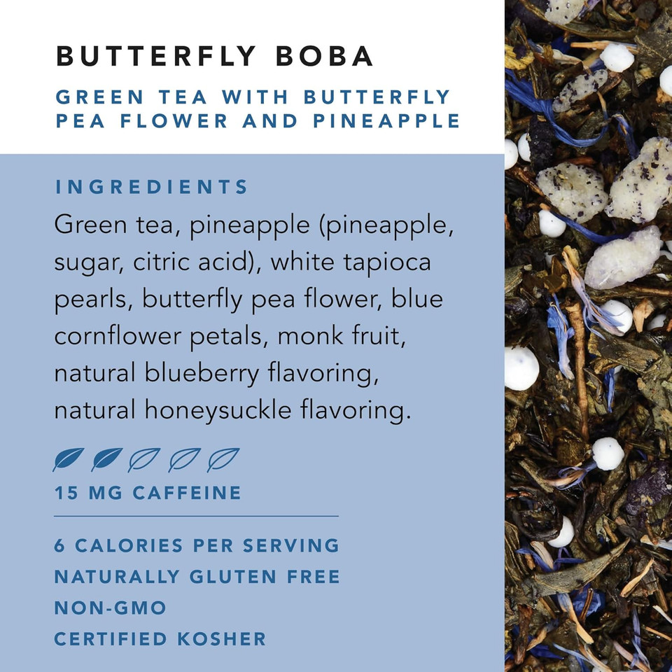 Pinky Up Butterfly Boba Tea Sachets - Low Calorie Whole Leaf Green Tea Bubble Tea - Boba Gift 12 Biodegradable Tea Bags