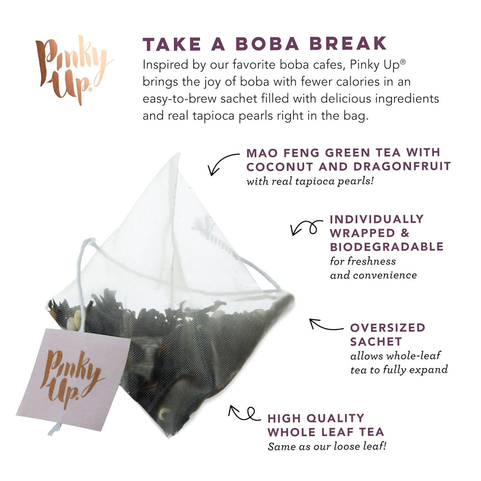 Pinky Up Mochi Ice Cream Boba Tea Sachets - Low Calorie Whole Leaf Green Tea Bubble Tea - Boba Gift 12 Biodegradable Tea Bags