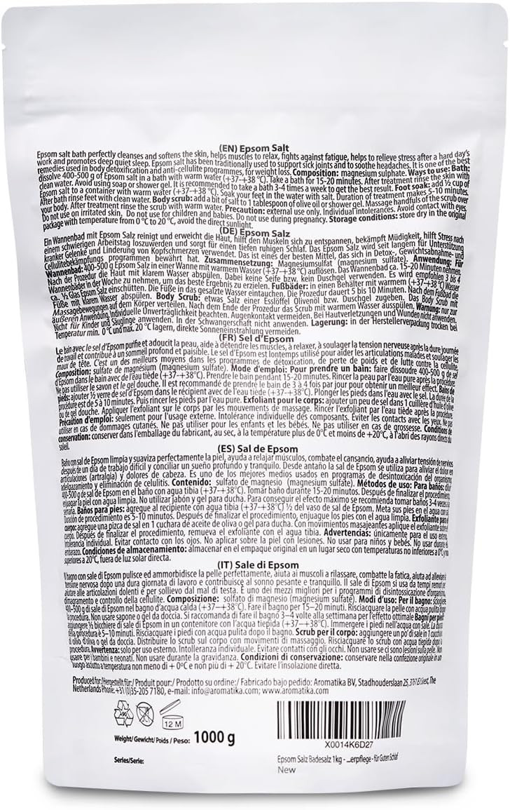 Epsom Salt Bath 1Kg (35 Oz)  100% Pure Magnesium Sulphate  Relaxing & Detoxifying  Body Care & Better Sleep