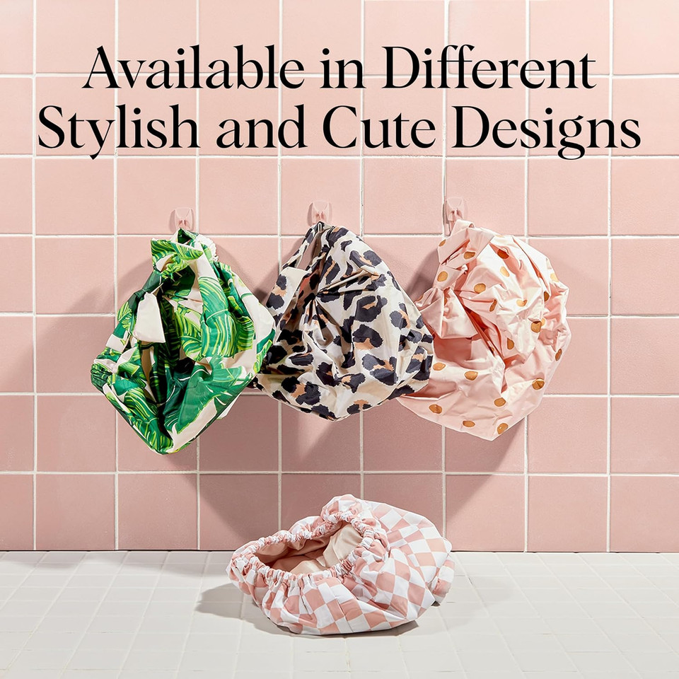 Kitsch Luxury Shower Caps For Women Reusable Waterproof - Flexi Satin Lined, Large Wide Shower Cap For Women & Men, Adjustable, Stylish Hair Cap For Shower, For Long & Short Hair - Terracotta Checker