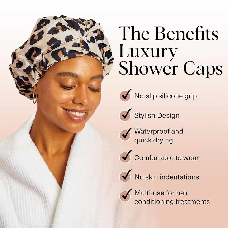 Kitsch Luxury Shower Caps For Women Reusable Waterproof - Large Shower Cap For Women And Men, Non-Slip, Quick-Dry Hair Cap For Long & Short Hair, Comfortable And Stylish Design - Leopard