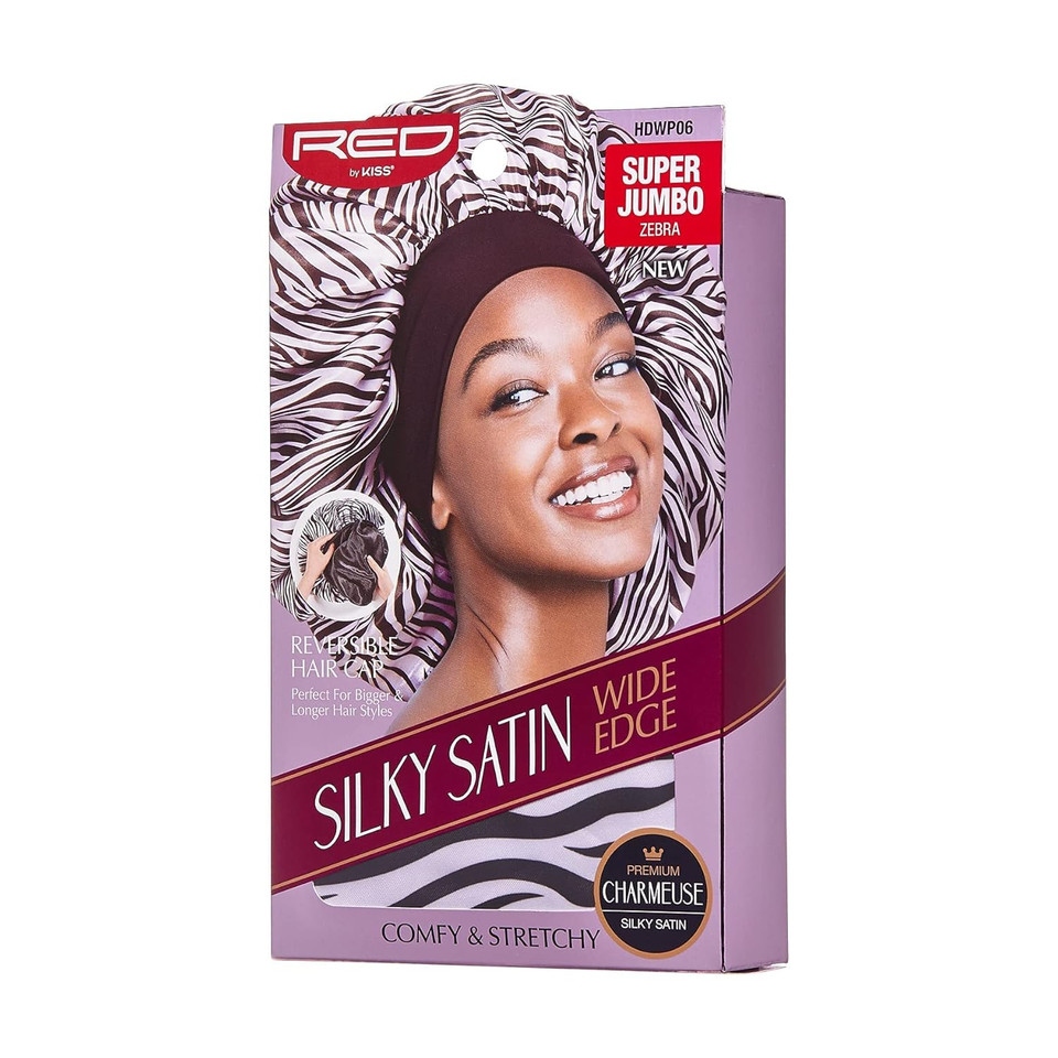 Red By Kiss Reversible Silky Satin Hair Cap Hair Bonnet With Wide Edge Double Wear Cap, Super Jumbo (Zebra)