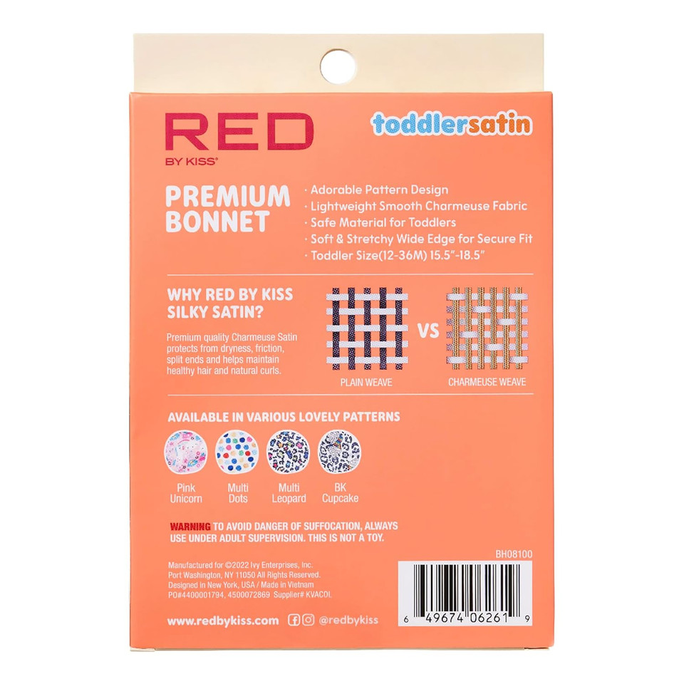 Red By Kiss Toddler Satin Bonnet Sleep Cap For Toddlers, Soft, Stretchy, And Safe, Protects Fragile Hair From Frizz & Breakage, Friction Bald Spots (Rainbow Cupcake, 18M-4T)