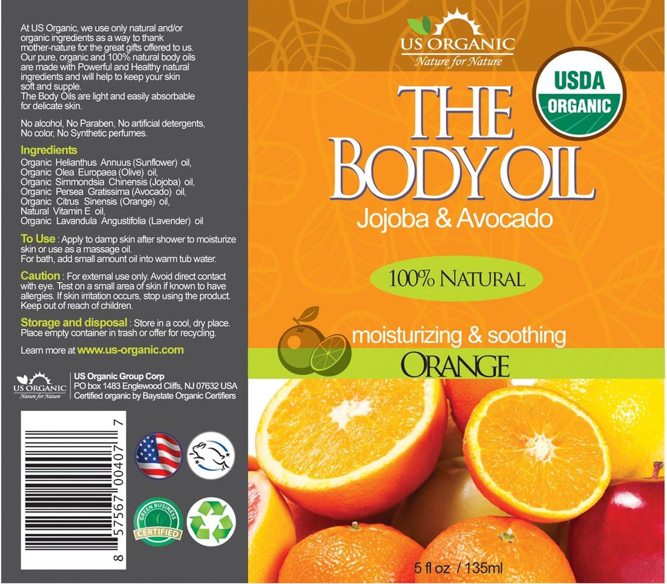 Us Organic Body Oil - Fresh Orange - Jojoba And Avocado Oil With Vitamin E, Usda Certified Organic, No Alcohol, Paraben, Artificial Detergents, Color Or Synthetic Perfumes, 5 Fl.Oz. (Orange)