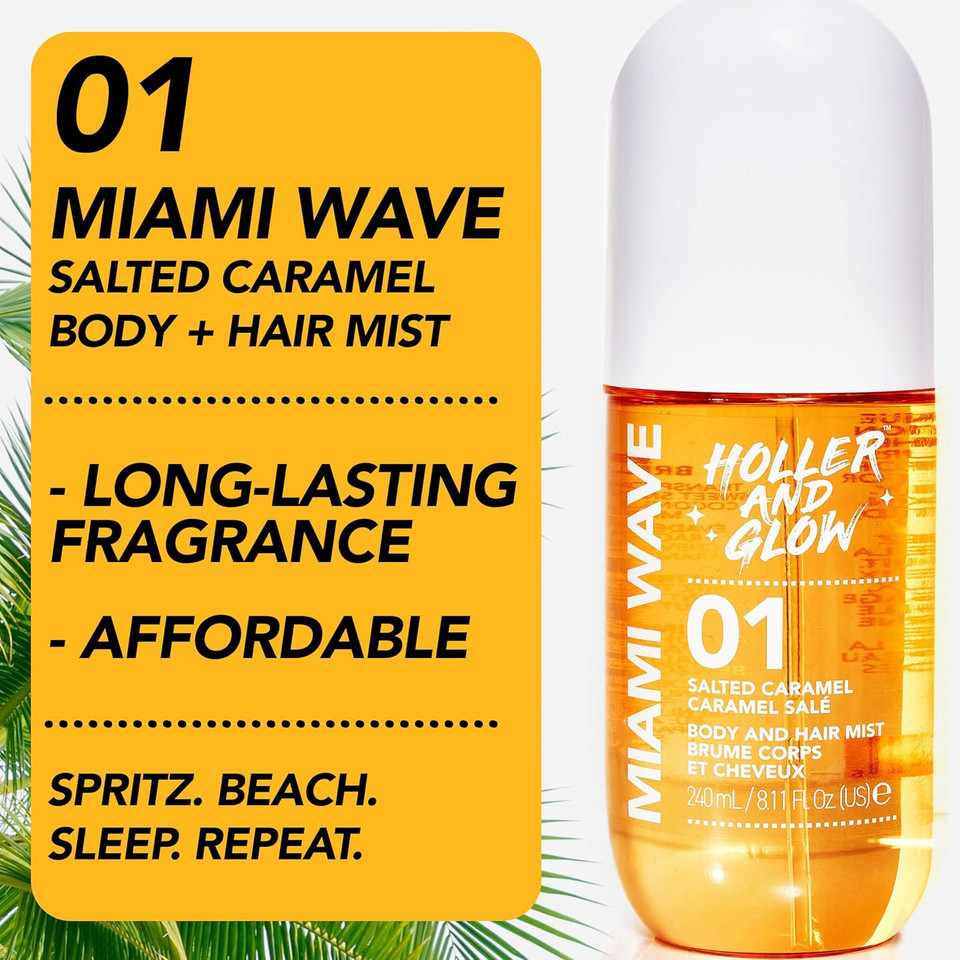 Holler And Glow Miami Wave Salted Caramel Body & Hair Mist, Body Spray For Women, Hair Perfume, Fragrance, Sweet Coconut, Vanilla Scented, Warm & Sweet Fragrance Notes, 8.11 Fl Oz