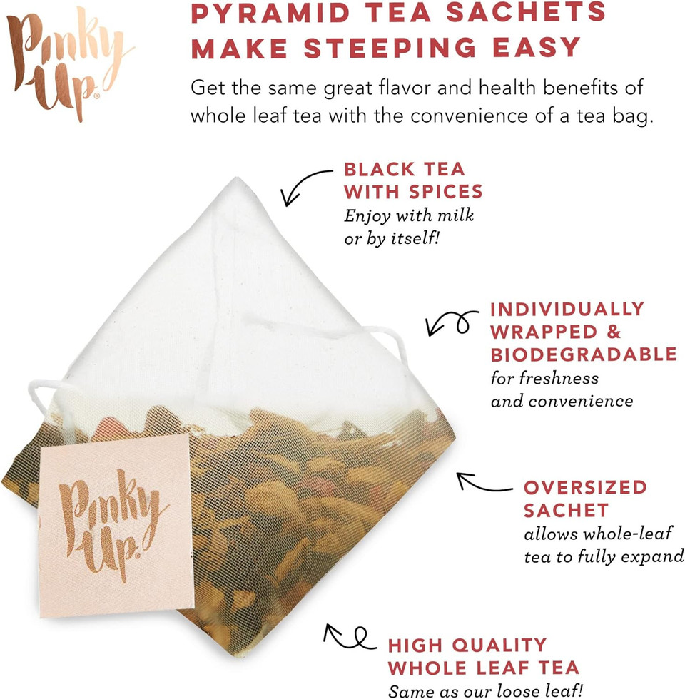 Pinky Up Chai Latte Pyramid Tea Sachets - 10 Mg Caffeine Per Serving, Non-Gmo & Gluten Free, Certified Kosher - 15 Biodegradable Whole Tea Bags