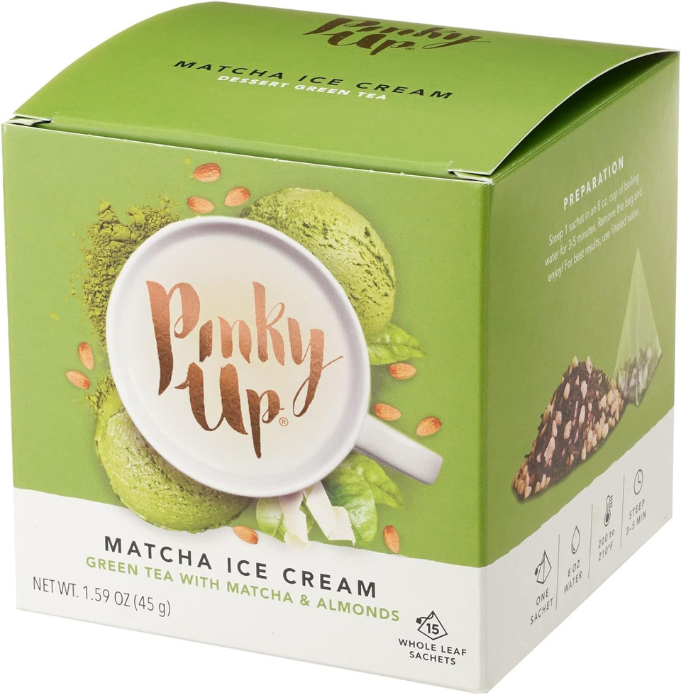 Pinky Up Matcha Ice Cream Pyramid Matcha Green Tea Bags Sachet - 30 Mg Caffeine Per Serving, Non-Gmo & Gluten Free, Certified Kosher - 15 Biodegradable Whole Green Tea Bag