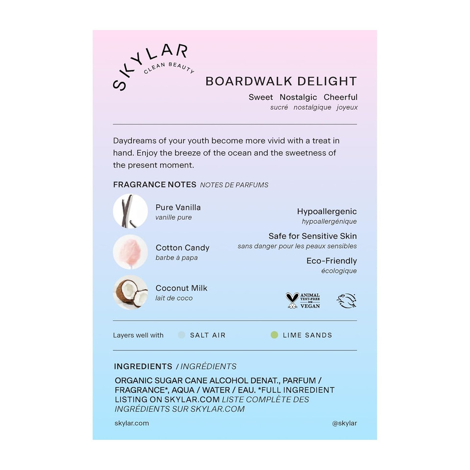 Skylar Boardwalk Delight Eau De Parfum - Hypoallergenic & Clean Perfume For Women & Men, Vegan & Safe For Sensitive Skin - Notes Of Cotton Candy, Vanilla & Coconut Milk - 10Ml /0.33 Fl Oz Skylar Boardwalk Delight Eau De Parfum - Hypoallergenic & Clean Perfume For Women & Men, Vegan & Safe For Sensitive Skin - Notes Of Cotton Candy, Vanilla & Coconut Milk - 10Ml /0.33 Fl Oz