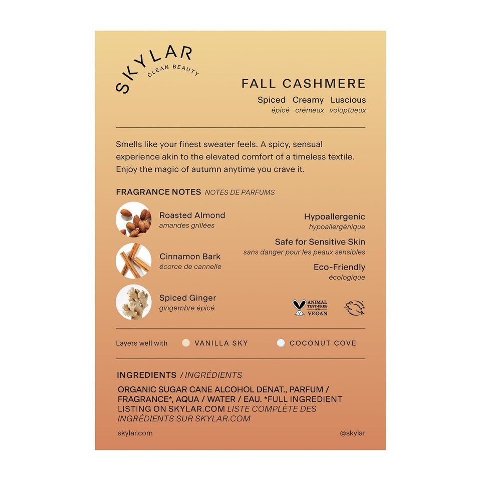 Skylar Fall Cashmere Eau De Parfum - Hypoallergenic & Clean Perfume For Women & Men, Vegan & Safe For Sensitive Skin - Spicy Gourmand Perfume With Notes Of Cinnamon, Almond & Ginger - 10Ml /0.33 Fl Oz