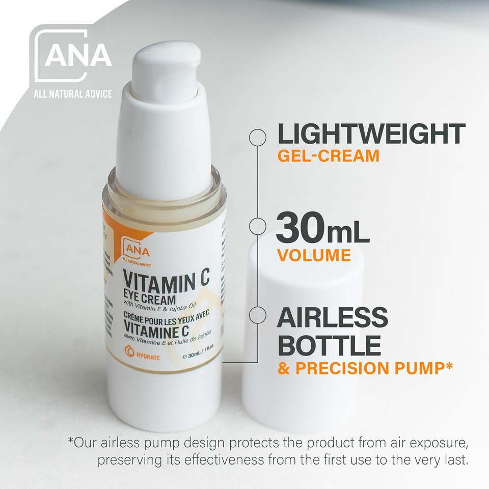 All Natural Advice Vitamin C Eye Cream For Dark Circles, Fine Lines & Lifting Hydration, With Hyaluronic Acid, Organic Jojoba & Vitamin E, Brightening Under Eye Cream (1 Fl.Oz/30 Ml)