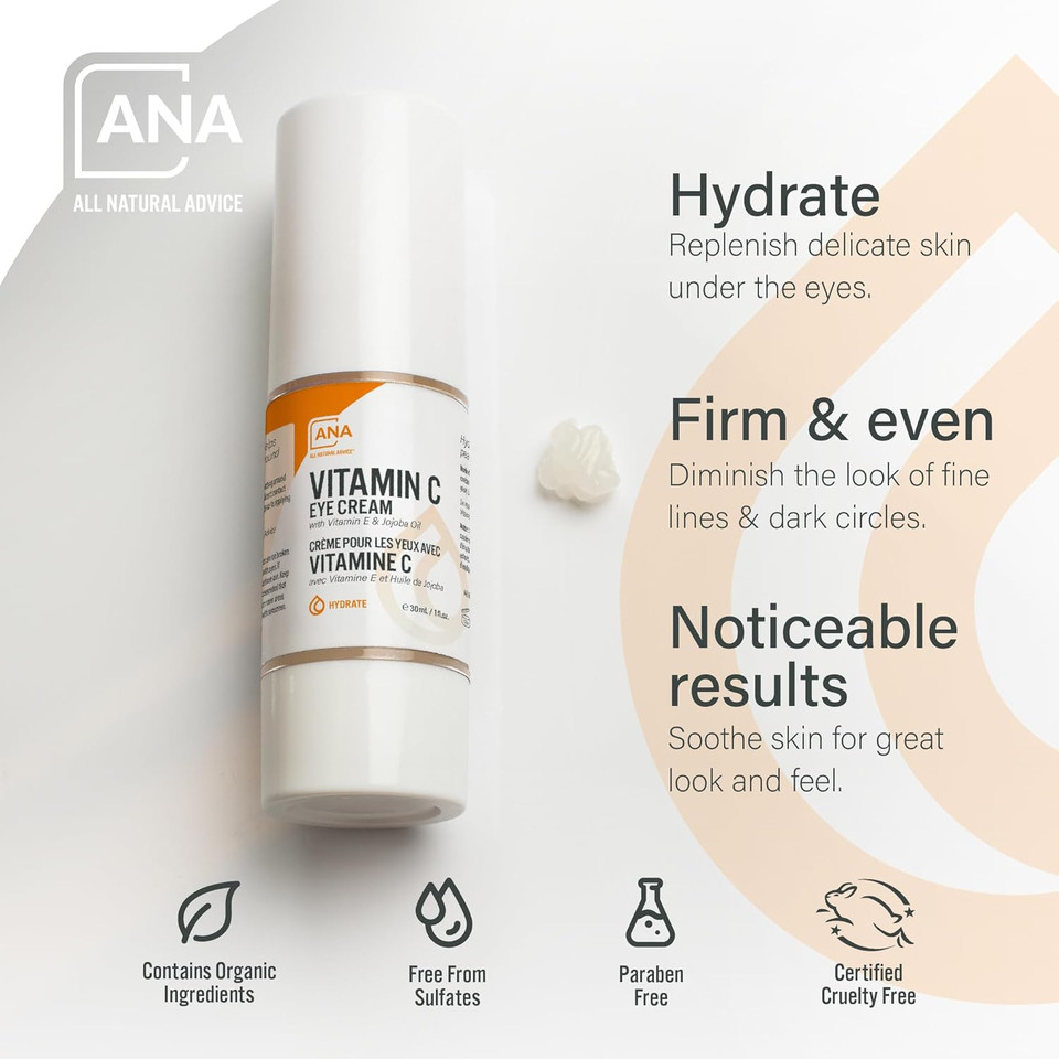 All Natural Advice Vitamin C Eye Cream For Dark Circles, Fine Lines & Lifting Hydration, With Hyaluronic Acid, Organic Jojoba & Vitamin E, Brightening Under Eye Cream (1 Fl.Oz/30 Ml)