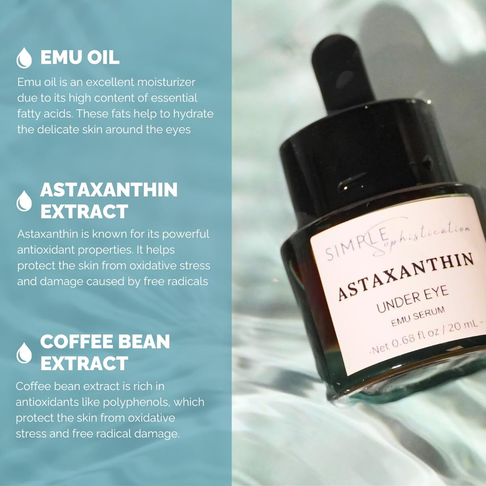 Astaxanthin Under Eye Serum With Emu Oil - 0.5 Fl. Oz./ 15 Ml | Emu Oil Serum | Powerful Antioxidant Astaxanthin | Anti-Aging Serum | Sea Buckthorn, Aloe Vera, Coffee |Preservative Free | 100% Natural