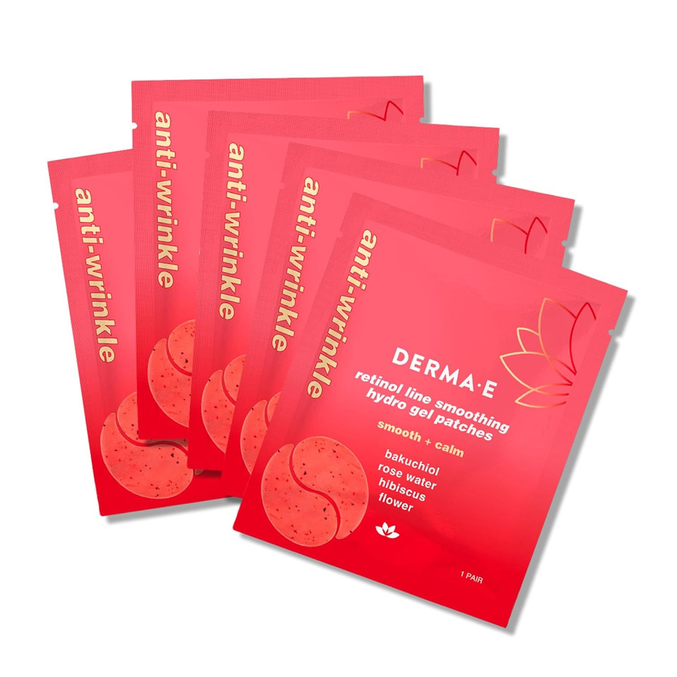 Derma E Retinol + Bakuchiol Under Eye Patches (5 Pairs) Non-Irritating, Line Smoothing Hydro Gel Eye Patches With Rose Water & Real Hibiscus Petals, Helps Reduce Fine Lines, Crows Feet & Wrinkles,10Ct
