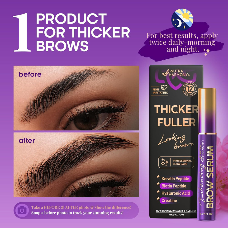 Enhancing Brow Serum For Eyebrow Growth With Keratin & Biotin Peptides, Hyaluronic Acid, Creatine And Castor Oil For Fuller, Thicker Brows, Strength & Nourishment Treatment, Non-Irritating Vegan, 8Ml