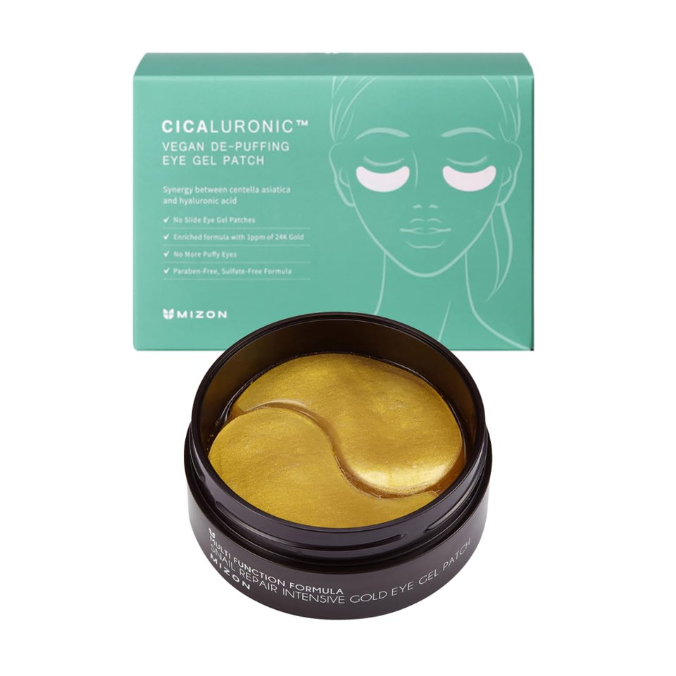 Mizon Snail Gold Eye Gel Patches + Cicaluronic Vegan De-Puffing Eye Patches. Intensive Eye Skincare, Anti-Wrinkle, De-Puffing, Refreshing, Soothing, Hydrating