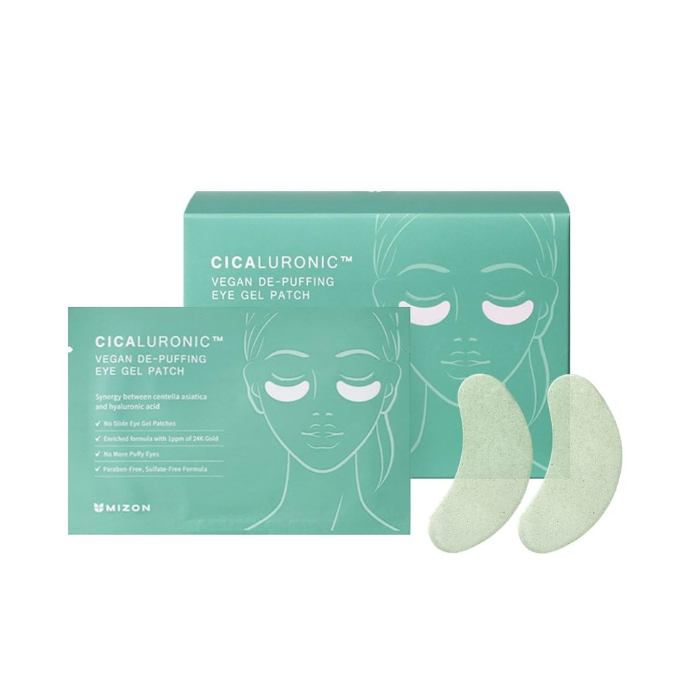 Mizon Snail Gold Eye Gel Patches + Cicaluronic Vegan De-Puffing Eye Patches. Intensive Eye Skincare, Anti-Wrinkle, De-Puffing, Refreshing, Soothing, Hydrating
