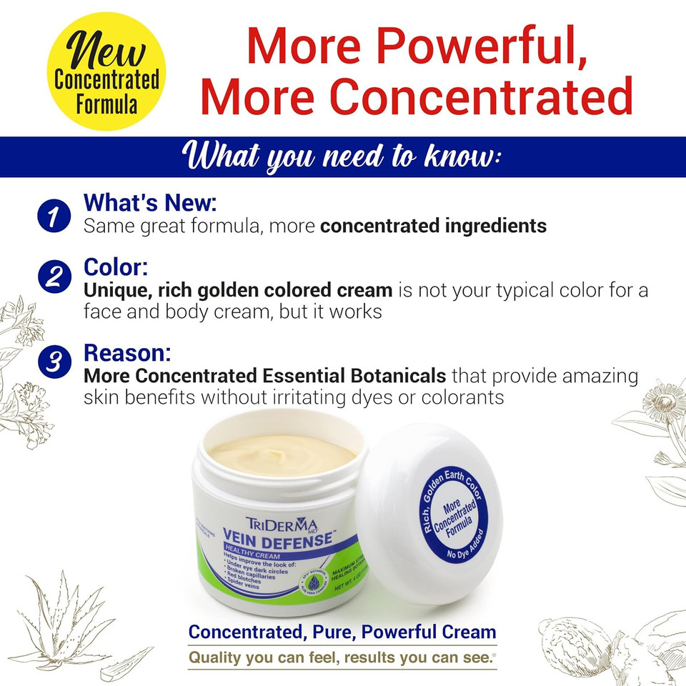 Triderma Vein Defense Healthy Cream, Helps Improve The Look Of Spider Veins, Broken Capillaries, Red Blotches And Under Eye Dark Circles 4 Oz