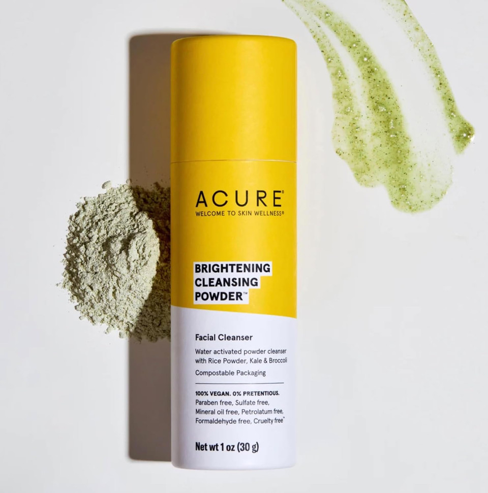 Acure Brightening Cleansing Powder - Concentrated Cleanser, Moisture Retention & Refining SkinS Texture - Water-Activated Cleanser With Rice Powder, Broccoli, Kale & Spirulina - Net Wt. 1 Oz