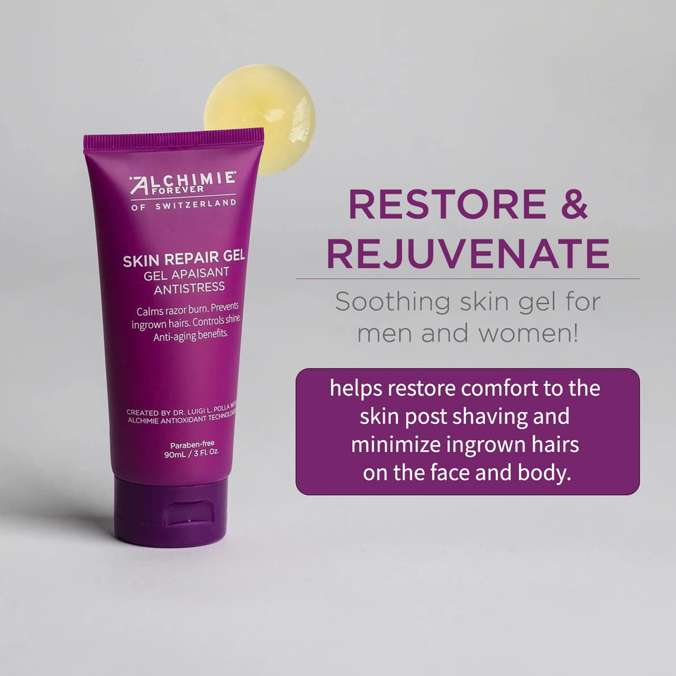 Alchimie Forever Skin Repair Gel | Oil Free Gel For Post Shave Care Of The Face And Body With Rosemary And Turmeric | Soothing, Restorative, Anti-Aging Benefits | Reduces Ingrown Hairs | 3 Fl Oz