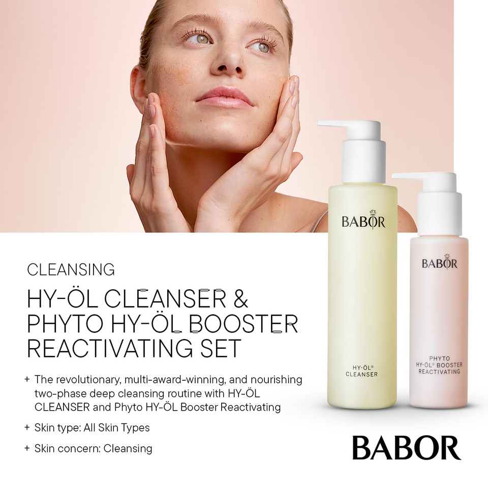Babor Hy-Ol Cleanser & Phyto Hy-Ol Booster Reactivating Set, Double Cleansing, Oil Cleanser And Makeup Remover Oil, Soothes And Reinvigorates Dry Skin