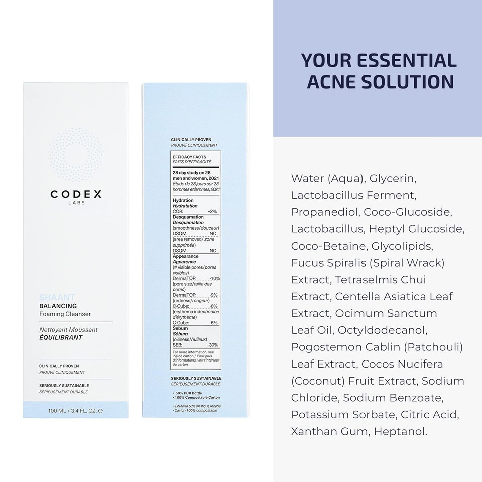 Codex Labs Shaant Balancing Foaming Face Cleanser - Oil Control & Pore Minimizer For Acne-Prone, Oily & All Skin Types - Micellar Water, Oil-Free, Vegan & Cruelty-Free (3.4 Oz)