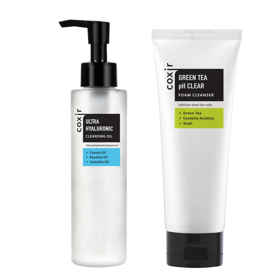 Coxir Ultra Hyaluronic Cleansing Oil 5.07 Fl.Oz + Greentea Ph Clear Foam Cleanser 5.07 Fl.Oz L Gentle Facial Cleanser, Blackheads, Deep Cleansing, Hyaluronic Acid, Korean Skincare